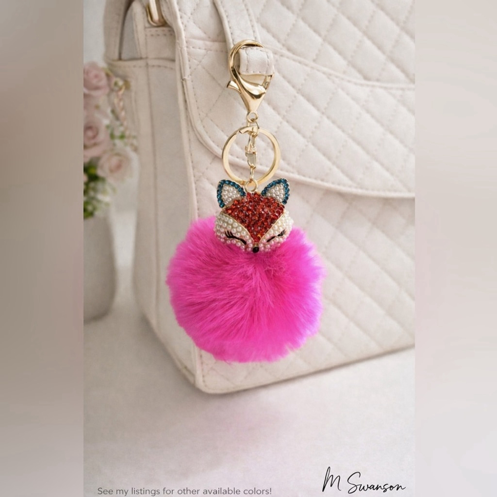 NEW Fluffy Fox Rose Pink Pearl and Gold Rhinestone Bag Charm Keychain NWT